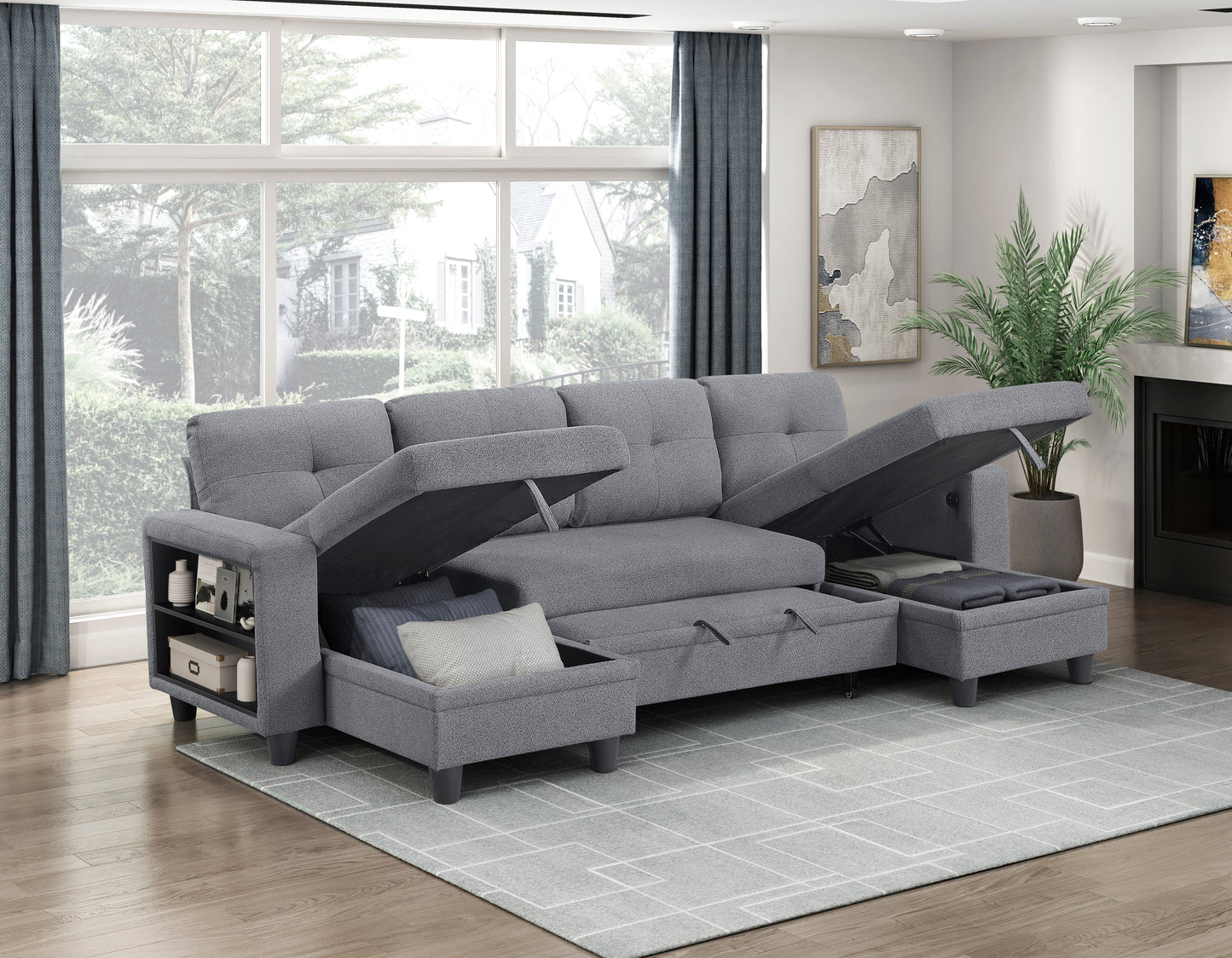 9705GY*42AVC - (4)Sectional with Two Chaises, Pull-out Bed, Shelves and Charging Ports