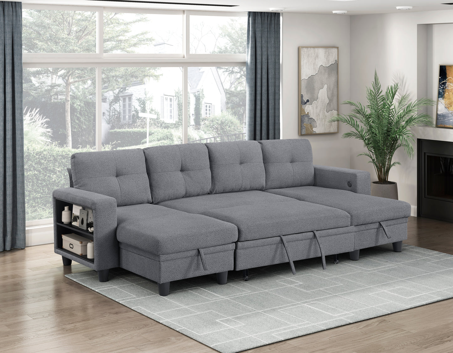 9705GY*42AVC - (4)Sectional with Two Chaises, Pull-out Bed, Shelves and Charging Ports