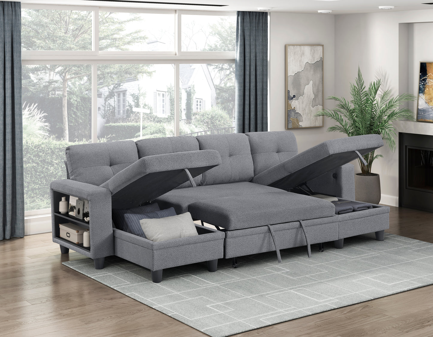 9705GY*42AVC - (4)Sectional with Two Chaises, Pull-out Bed, Shelves and Charging Ports
