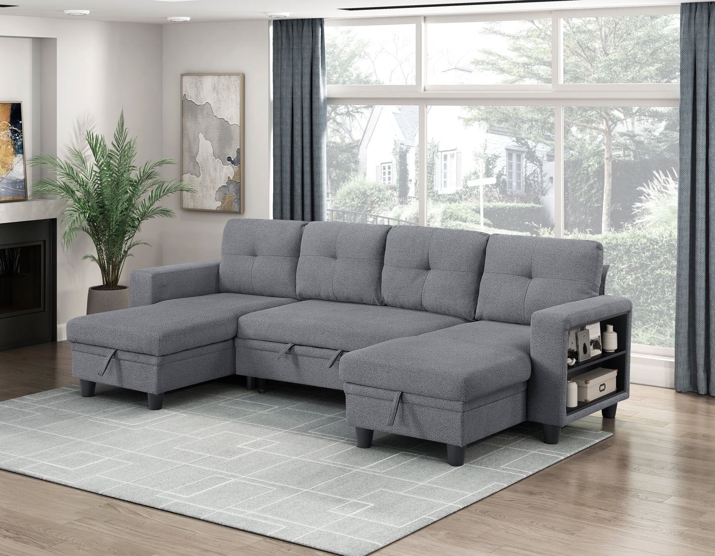 9705GY*42AVC - (4)Sectional with Two Chaises, Pull-out Bed, Shelves and Charging Ports