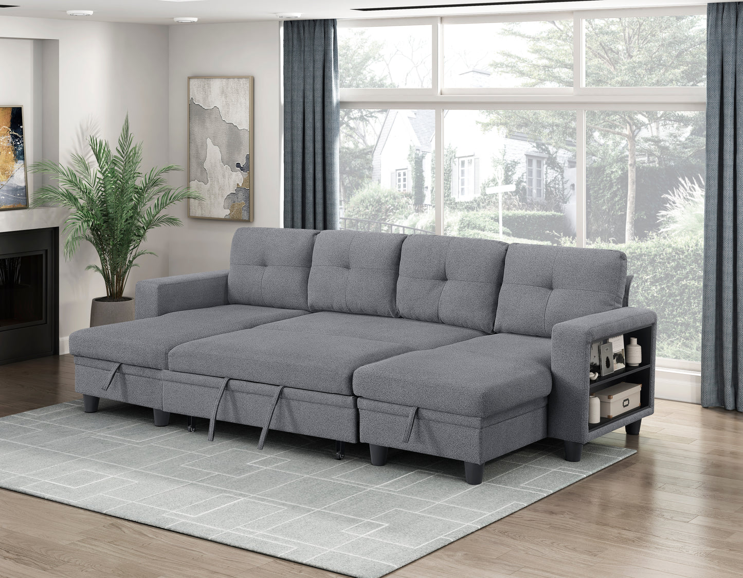 9705GY*42AVC - (4)Sectional with Two Chaises, Pull-out Bed, Shelves and Charging Ports