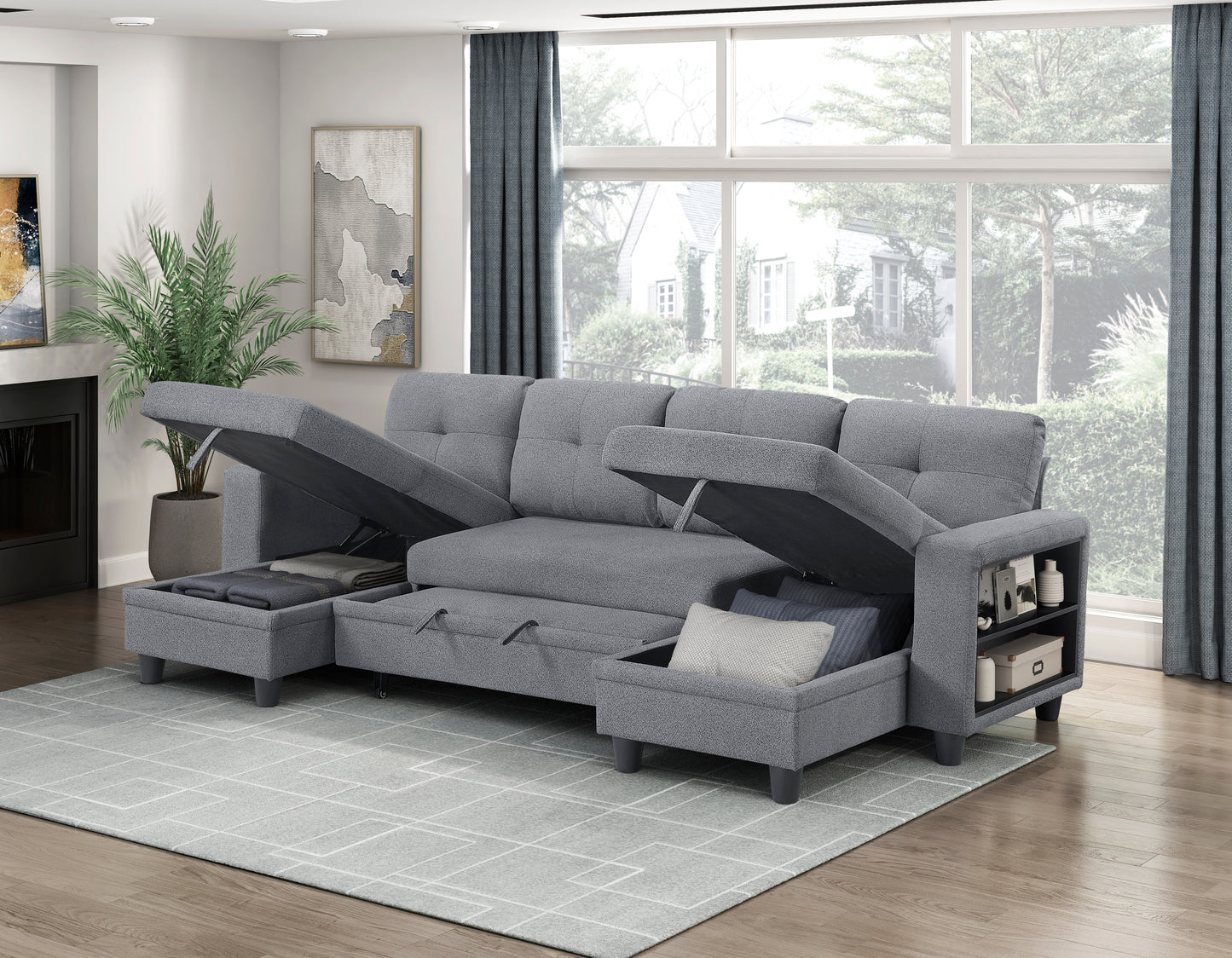 9705GY*42AVC - (4)Sectional with Two Chaises, Pull-out Bed, Shelves and Charging Ports