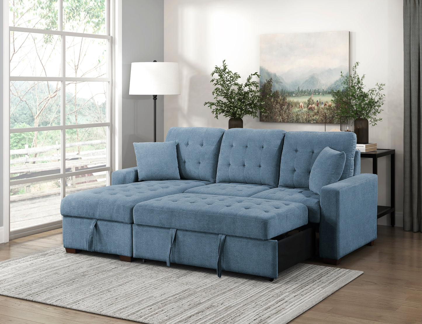 9816BU*2LCRL - (2)2-Piece Sectional with Left Chaise, Pull-out Bed and Hidden Storage