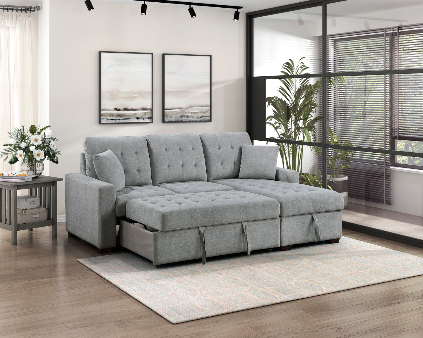 9816GY*SC - (2)2-Piece Sectional with Right Chaise, Pull-out Bed and Hidden Storage