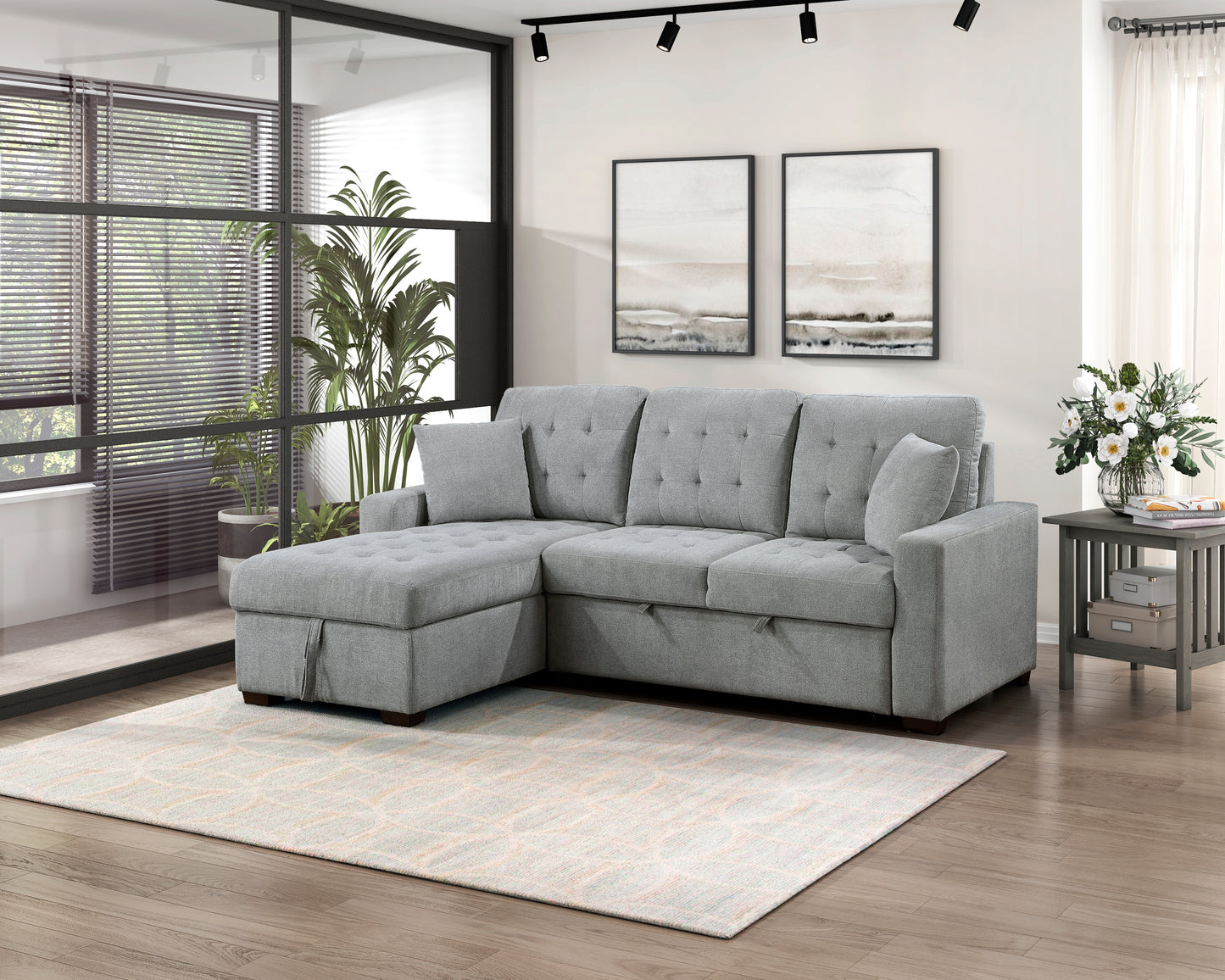 9816GY*2LCRL - (2)2-Piece Sectional with Left Chaise, Pull-out Bed and Hidden Storage