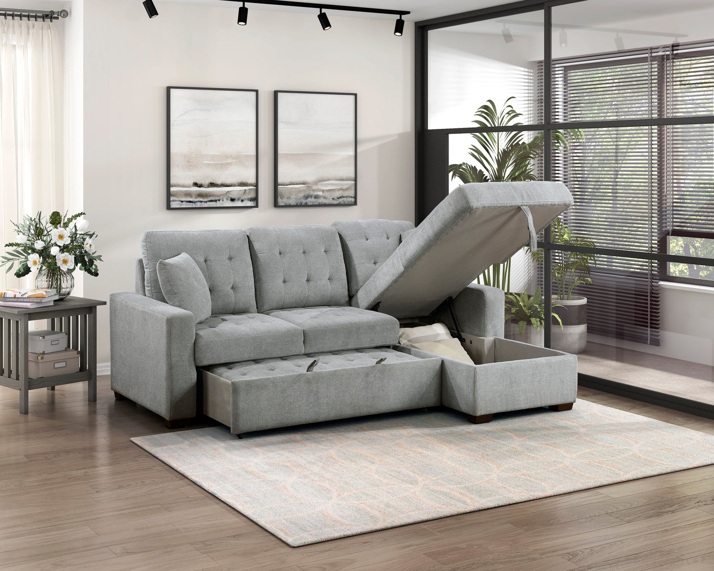 9816GY*SC - (2)2-Piece Sectional with Right Chaise, Pull-out Bed and Hidden Storage