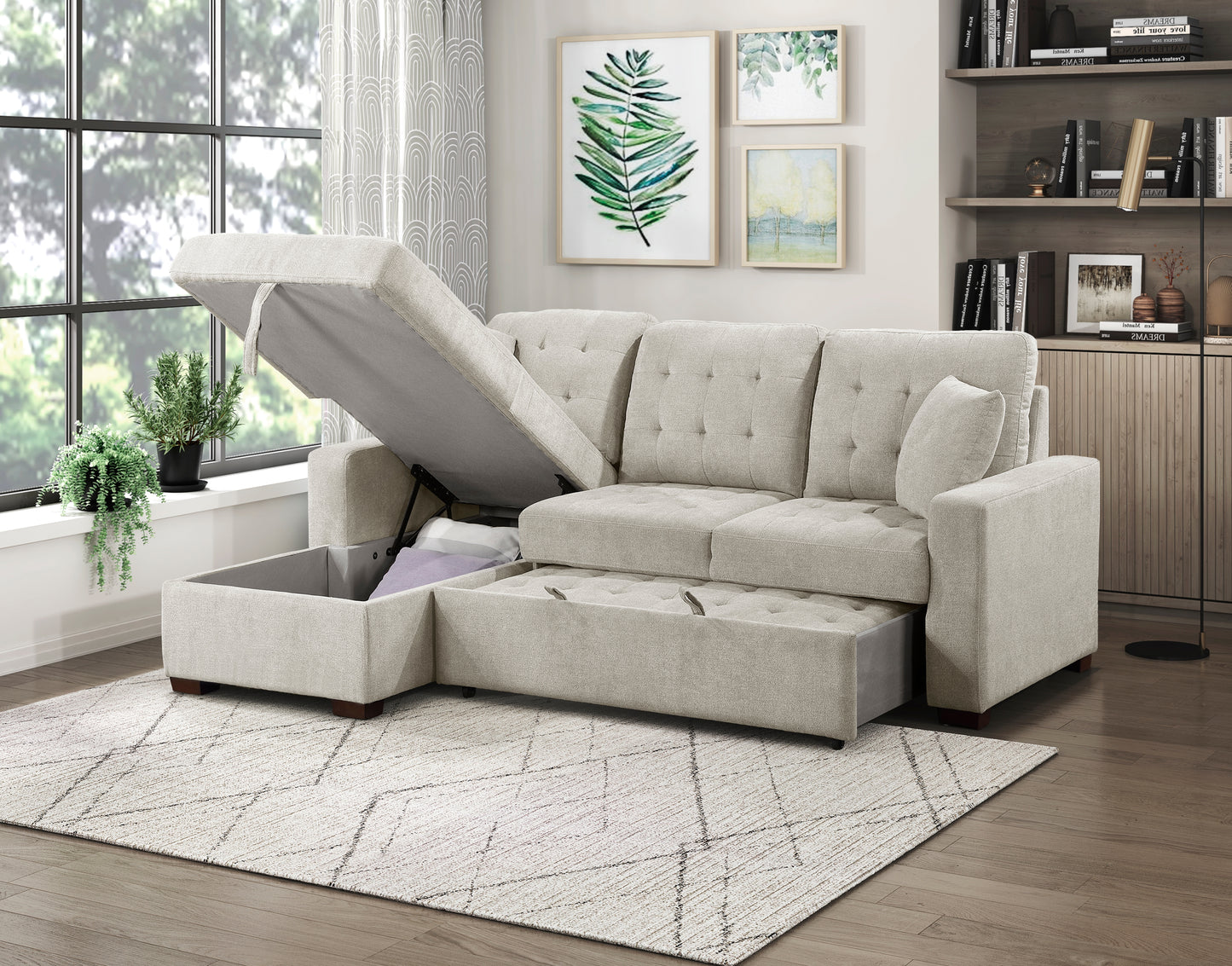 9816SN*2LCRL - (2)2-Piece Sectional with Left Chaise, Pull-out Bed and Hidden Storage