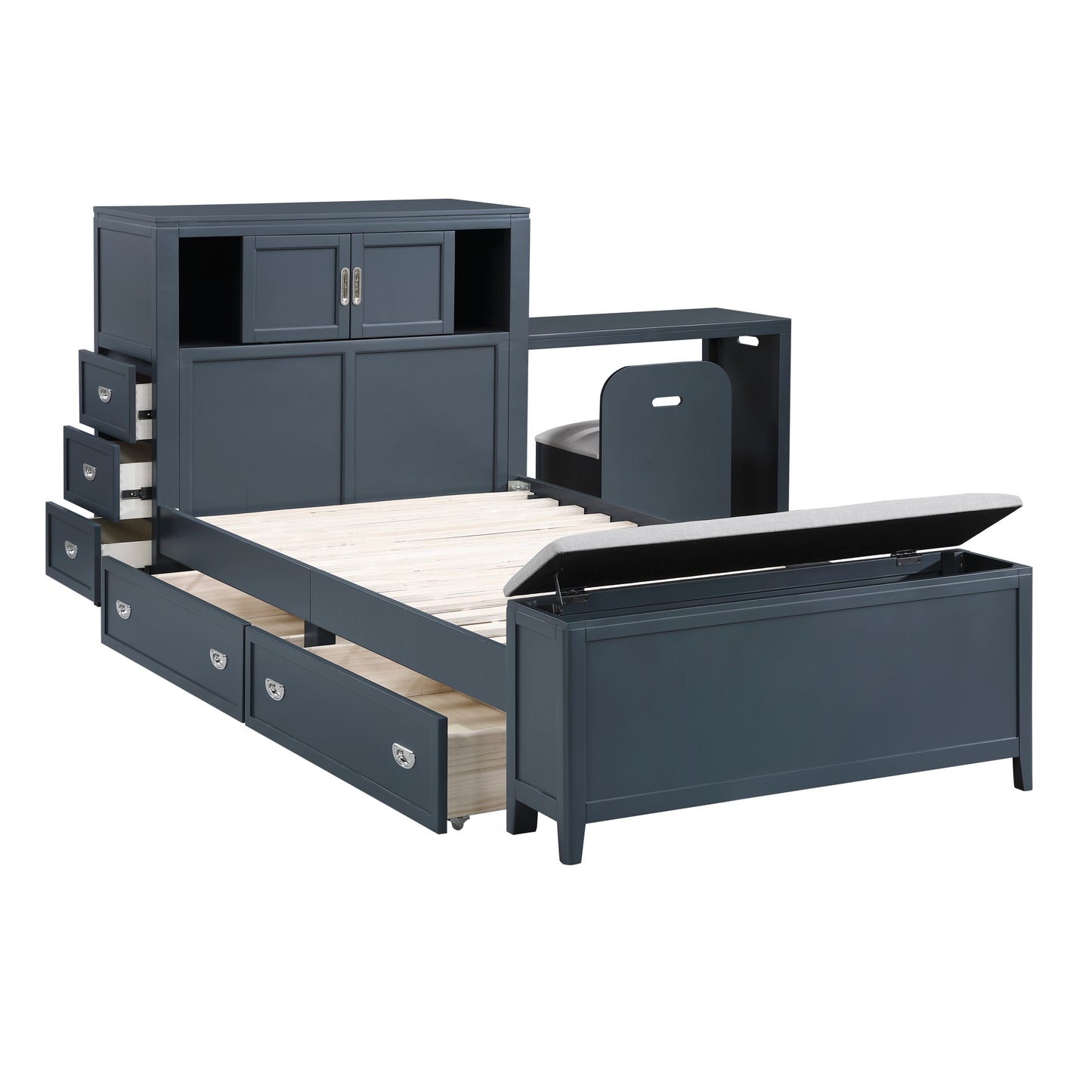 B2024BUBC-1* - (2) Twin Bookcase Bed with Hidden Desk, Stool and Storage Bench