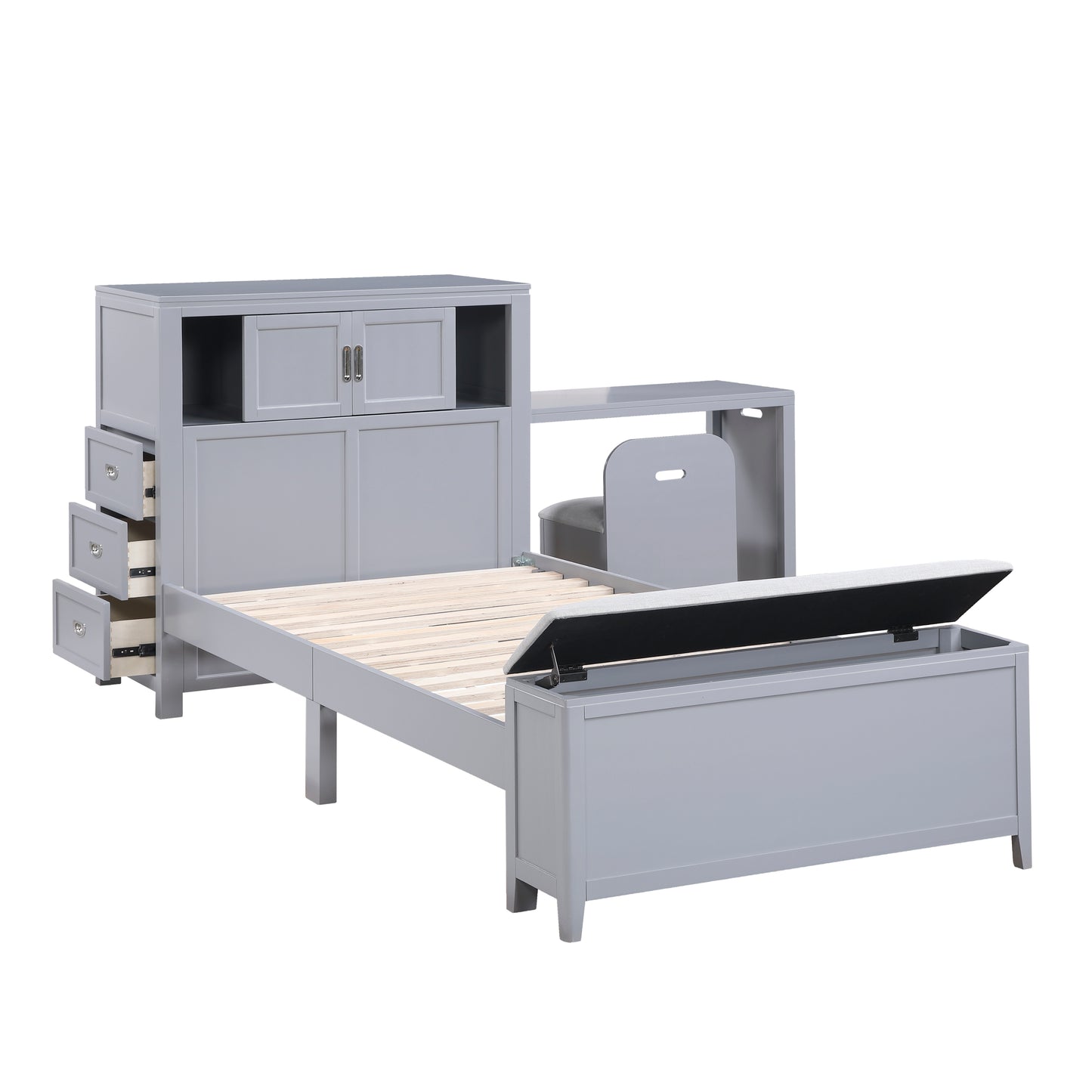 B2024GYBC-1* - (2) Twin Bookcase Bed with Hidden Desk, Stool and Storage Bench