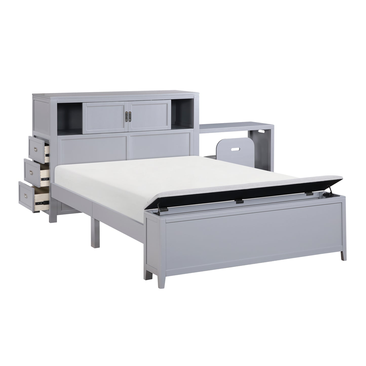 B2024GYBCF-1* - (2) Full Bookcase Bed with Hidden Desk, Stool and Storage Bench