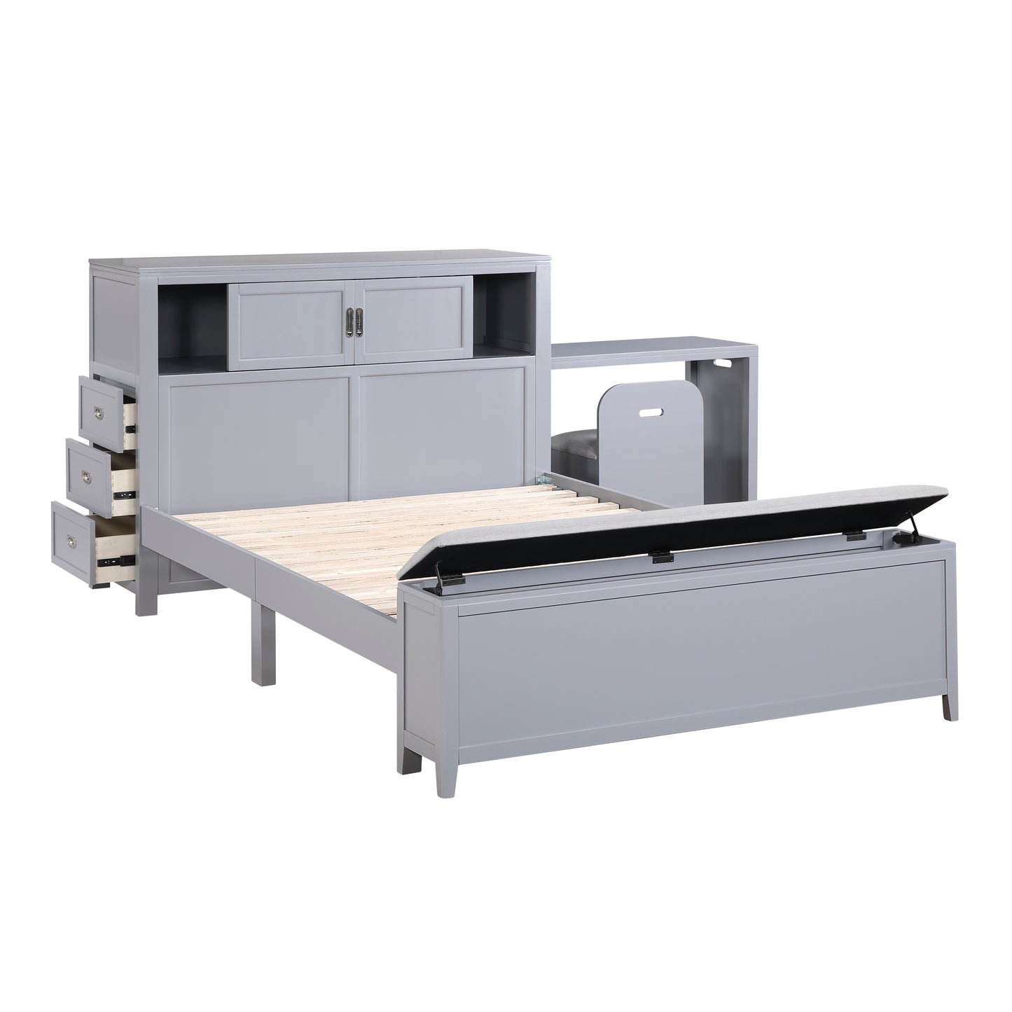 B2024GYBCF-1* - (2) Full Bookcase Bed with Hidden Desk, Stool and Storage Bench