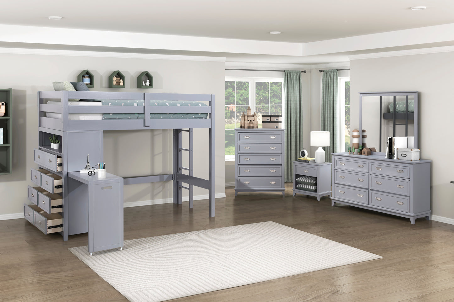 B2024GYLTF-1* - (6) Twin/Full Loft Bunk Bed with Chest and Hidden Desk