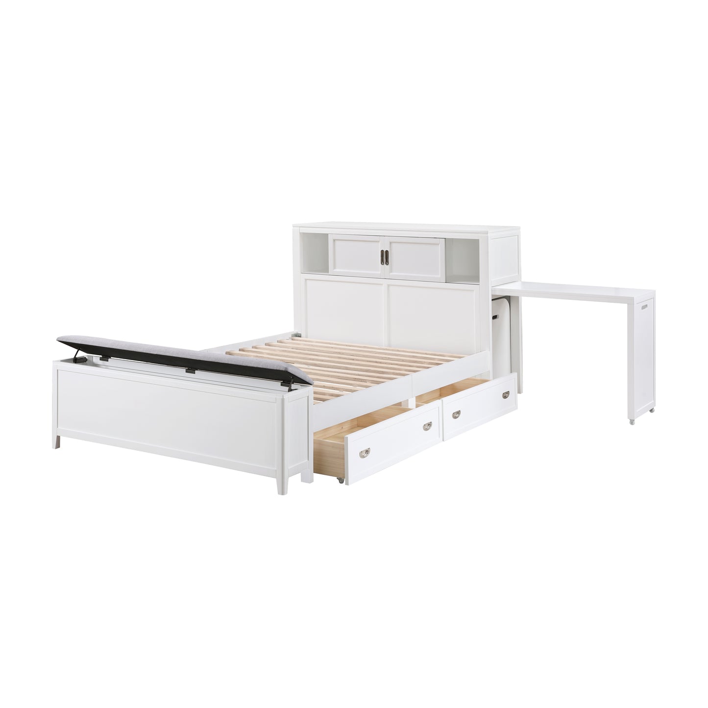 B2024WHBCF-1* - (2) Full Bookcase Bed with Hidden Desk, Stool and Storage Bench