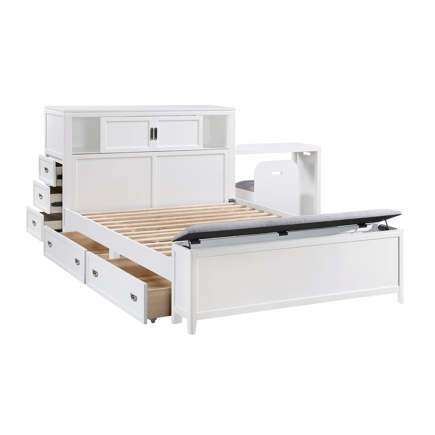 B2024WHBCF-1* - (2) Full Bookcase Bed with Hidden Desk, Stool and Storage Bench
