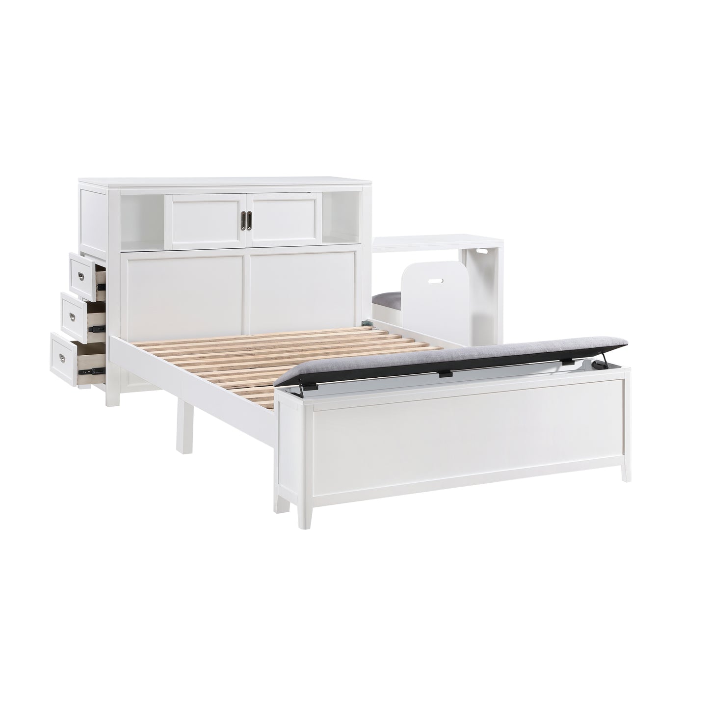 B2024WHBCF-1* - (2) Full Bookcase Bed with Hidden Desk, Stool and Storage Bench