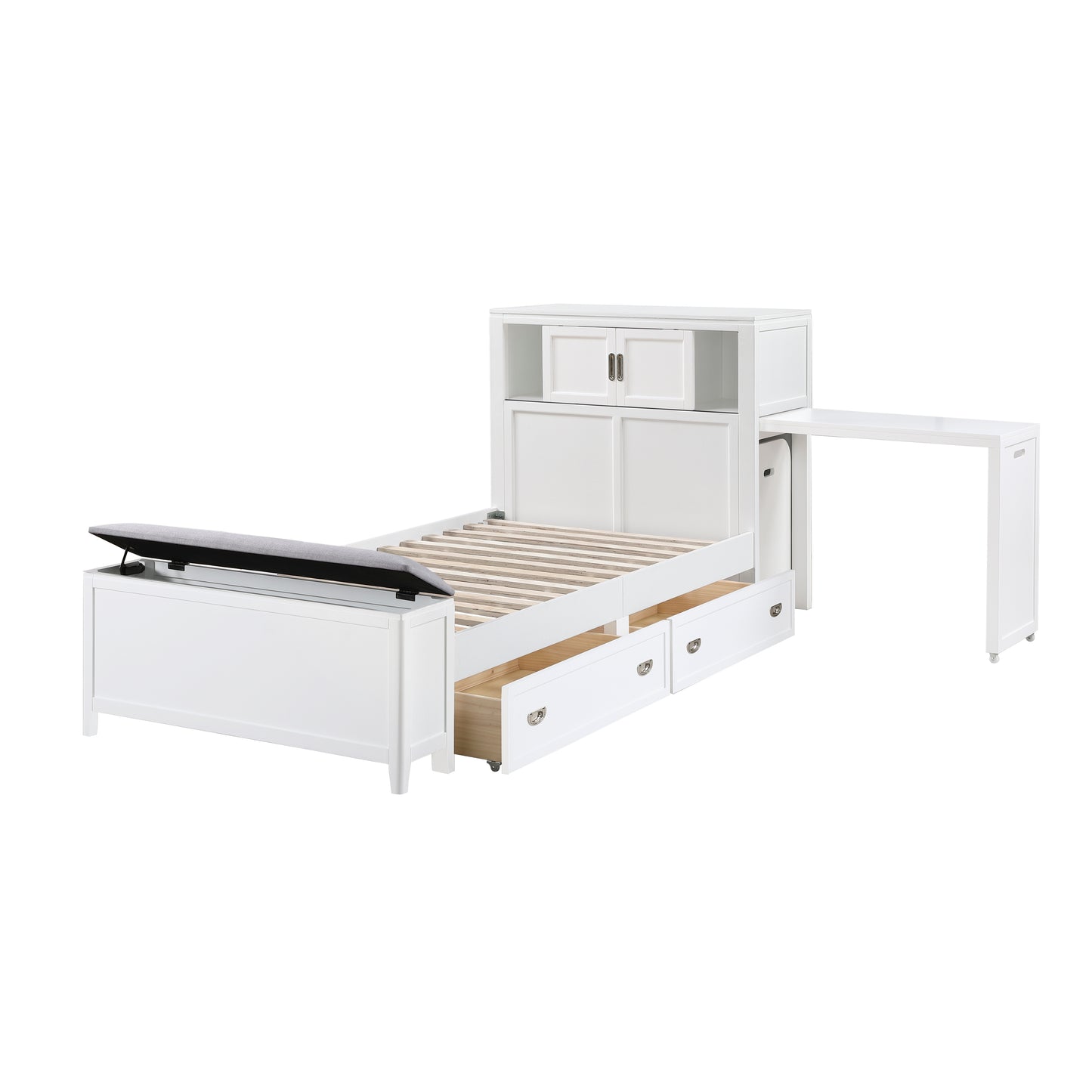 B2024WHBC-1* - (2) Twin Bookcase Bed with Hidden Desk, Stool and Storage Bench