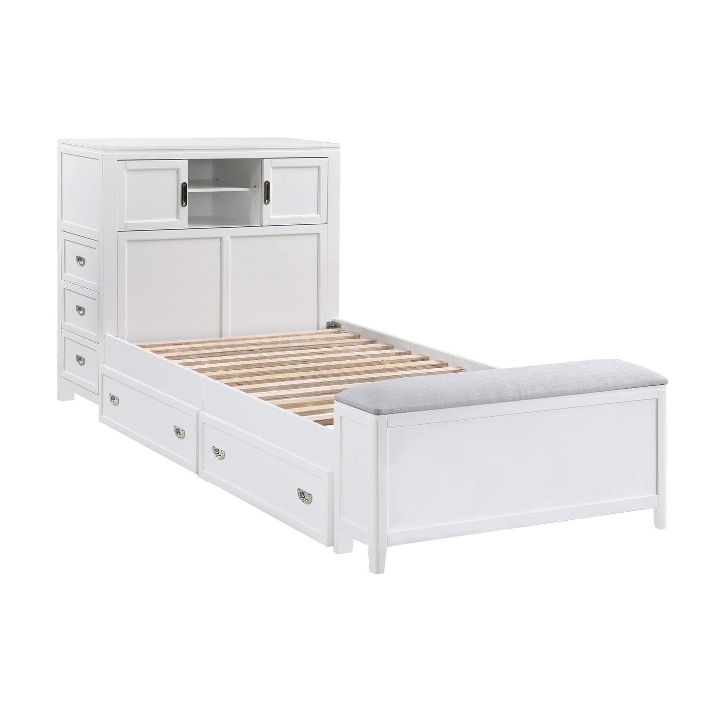 B2024WHBC-1* - (2) Twin Bookcase Bed with Hidden Desk, Stool and Storage Bench