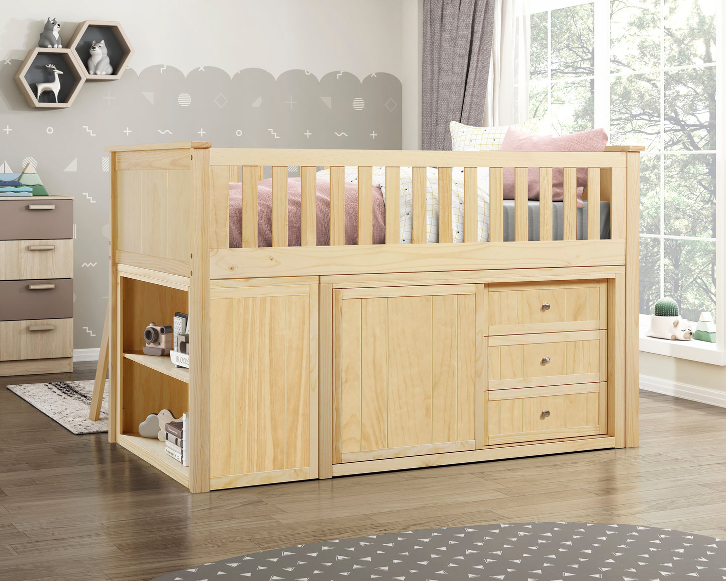 B2043LL-1*BC2DR - (6) Low Loft Bunk with Bookcase and 2 Dressers