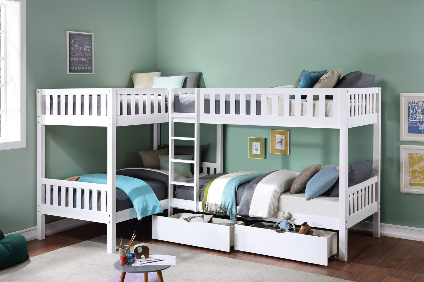 B2053CNW-1T* - (4) Corner Bunk Bed with Storage Boxes