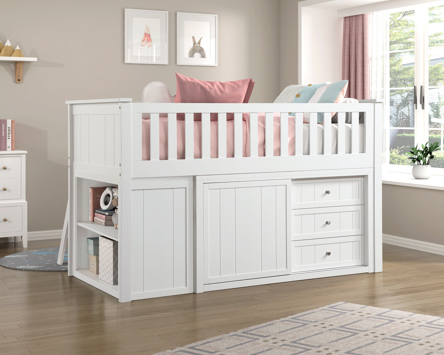 B2053LLW-1*BC2DR - (6) Low Loft Bunk with Bookcase and 2 Dressers