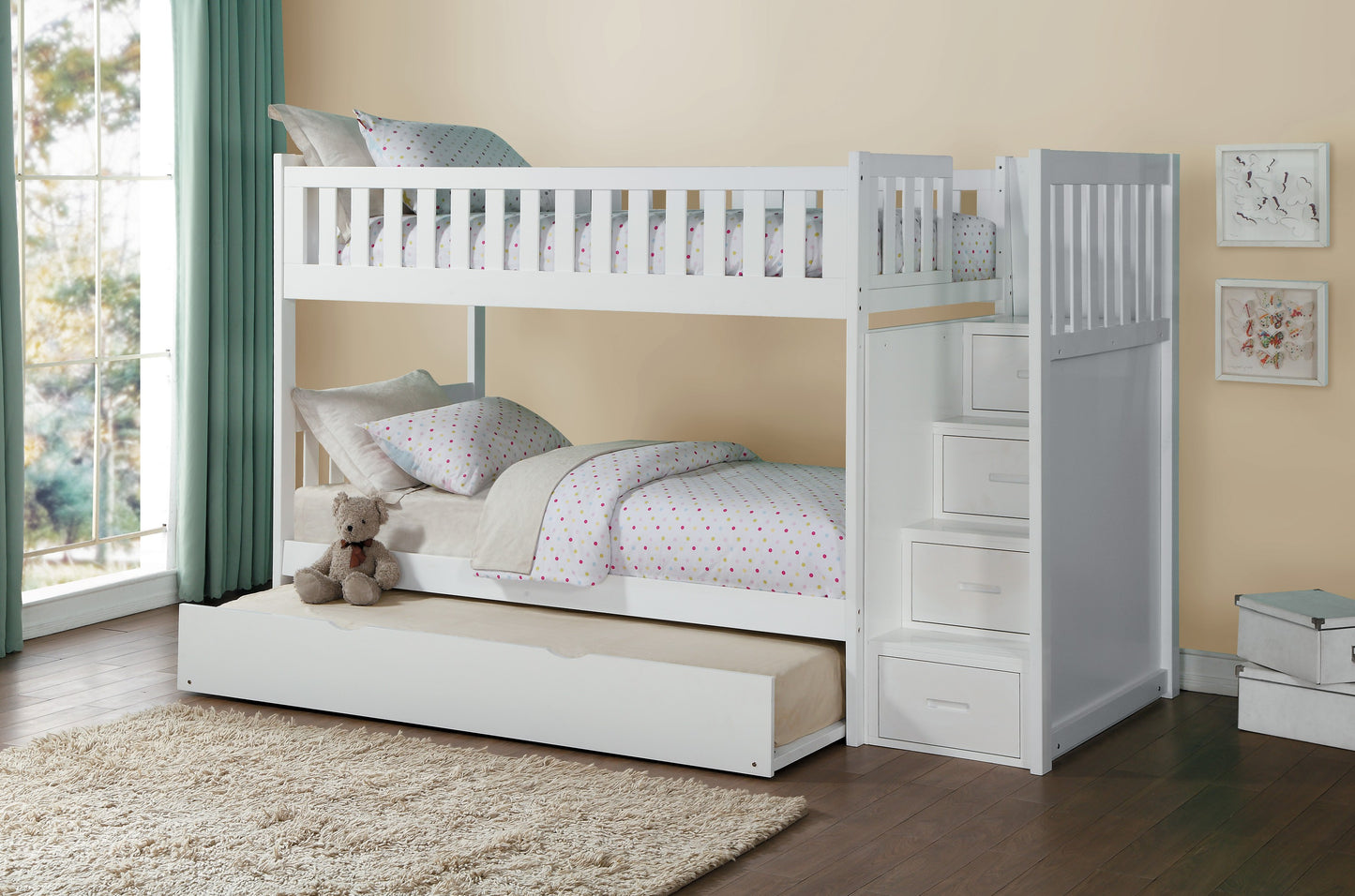 B2053SBW-1*R - (5) Twin/Twin Step Bunk Bed with Twin Trundle