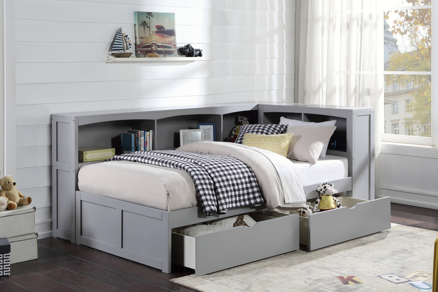 B2063BC-1BCT* - (4) Twin Bookcase Corner Bed with Storage Boxes