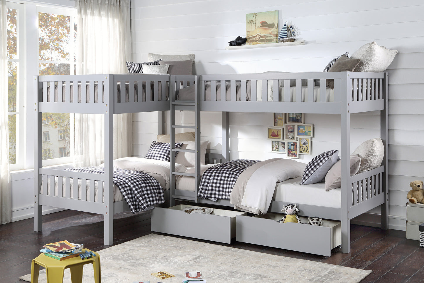 B2063CN-1T* - (4) Corner Bunk Bed with Storage Boxes